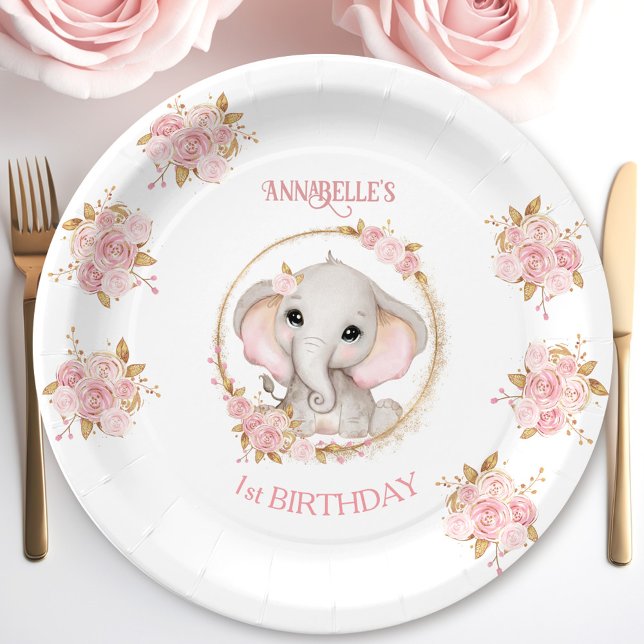 Cute Elephant Pink White Flowers Birthday Girl Paper Plate (Cute Elephant Pink White Flowers Birthday Girl Paper Plates)