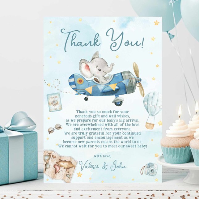 Cute Elephant Plane Adventure Baby Shower Birthday Thank You Card (Creator Uploaded)
