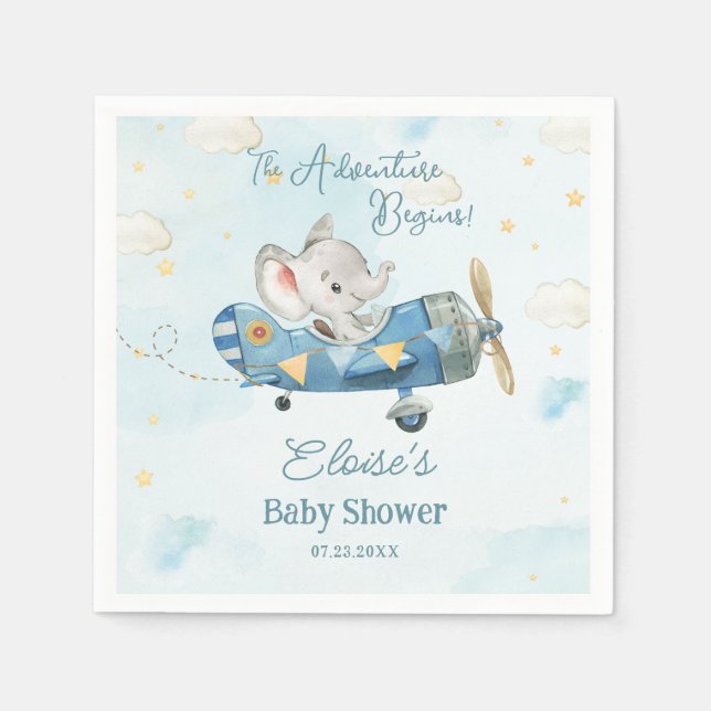 Cute Elephant Plane Adventure Begins Baby Shower Napkin (Front)