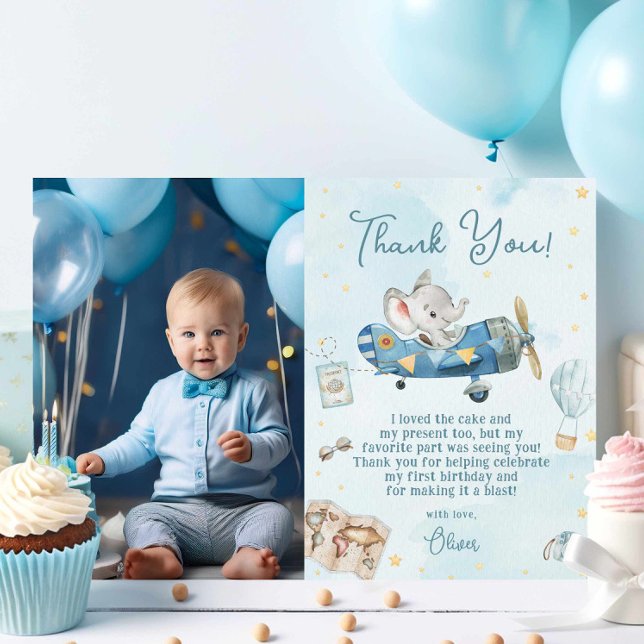 Cute Elephant Plane Adventure Birthday Photograph Thank You Card (Creator Uploaded)