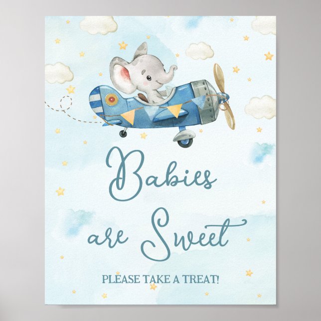 Cute Elephant Plane Adventure Blue Baby Treats Poster (Front)