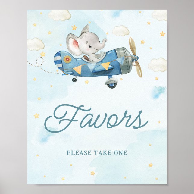 Cute Elephant Plane Adventure Blue Favours Sign (Front)