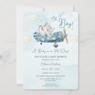 Cute Elephant Plane Aeroplane Sky Boy Baby Shower Invitation