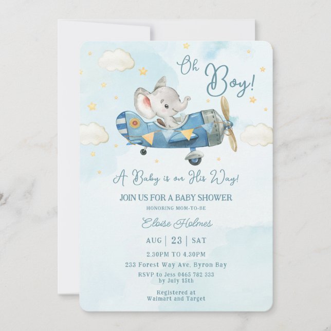 Cute Elephant Plane Aeroplane Sky Boy Baby Shower Invitation (Front)