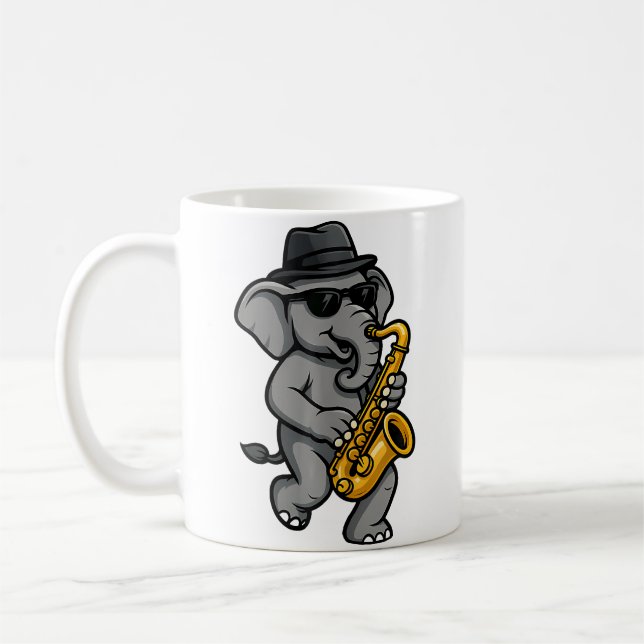 Cute Elephant Playing Saxophone Elephants Musician Coffee Mug (Left)