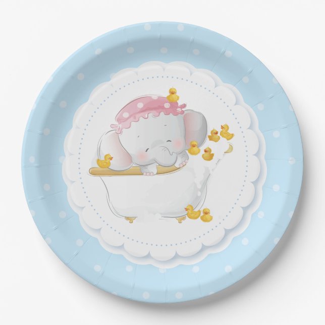 Cute Elephant Polka Dot Blue Paper Plate (Front)