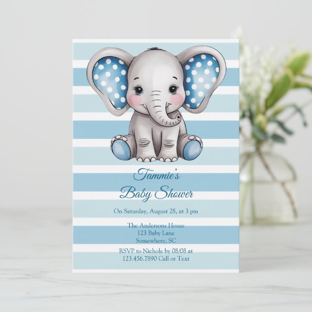 Cute Elephant Polka Dots Boy Baby Shower  Invitation (Standing Front)