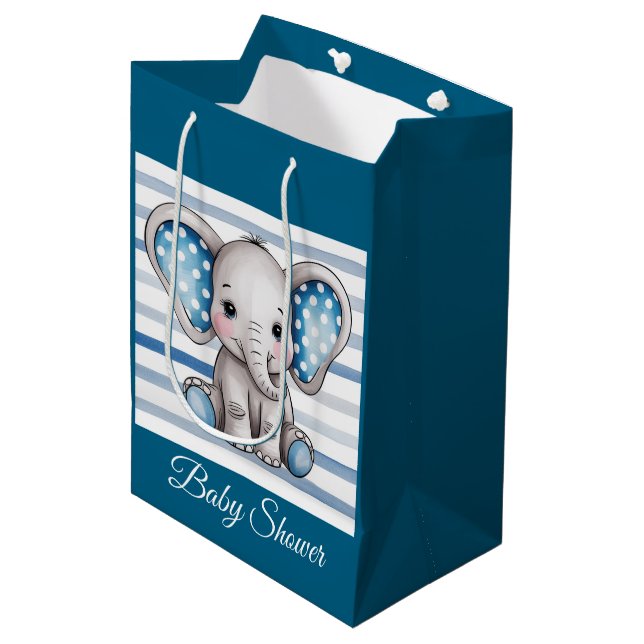 Cute Elephant Polka Dots Boy Baby Shower Medium Gift Bag (Front Angled)