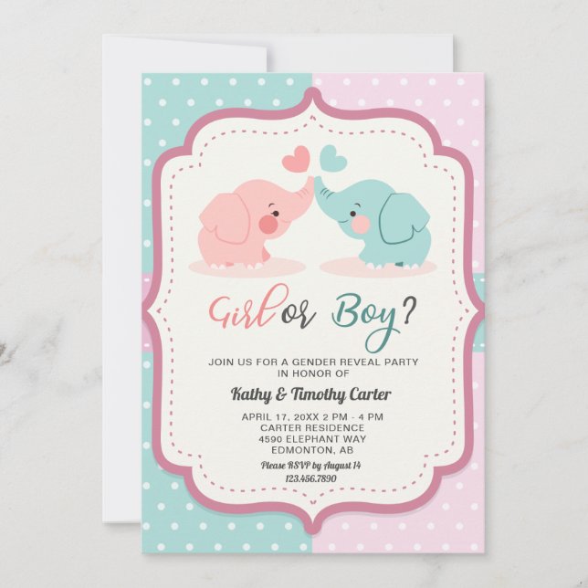 cute elephant polka dots gender reveal party invitation (Front)