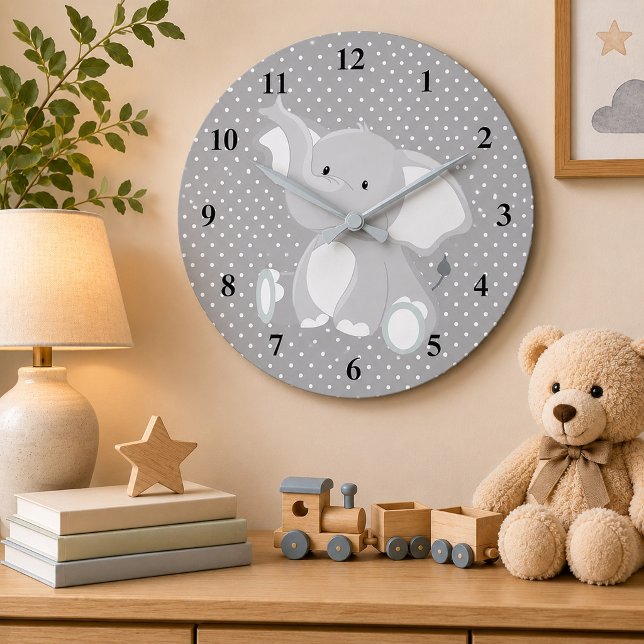 Cute Elephant Polka Dots Large Clock (Creator Uploaded)