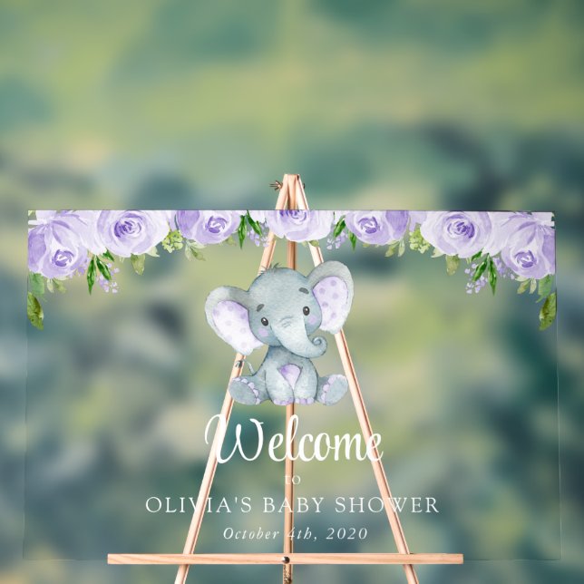 Cute Elephant, Purple Flowers, Baby Shower Welcome Acrylic Sign (Neutral)