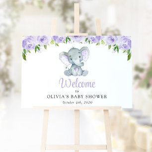 Cute Elephant, Purple Flowers, Baby Shower Welcome Poster