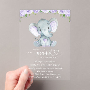 Cute Elephant, Purple Flowers, First Birthday Acrylic Invitations
