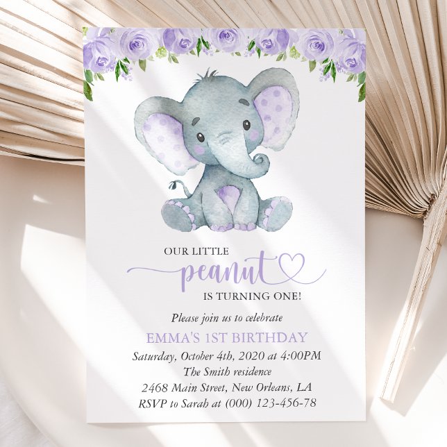 Cute Elephant, Purple Flowers, First Birthday Invitation (Creator Uploaded)