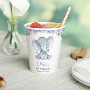 Cute Elephant, Purple Flowers, First Birthday Paper Cups