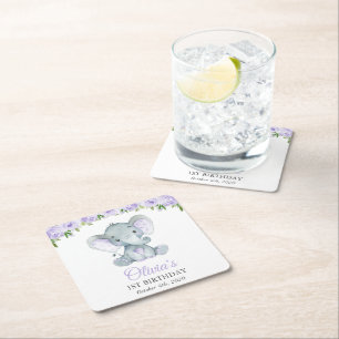 Cute Elephant, Purple Flowers, First Birthday Square Paper Coaster
