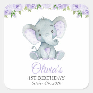 Cute Elephant, Purple Flowers, First Birthday Square Sticker