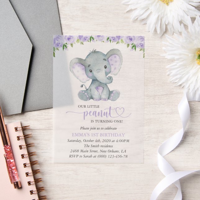 Cute Elephant, Purple Flowers, First Birthday Vellum Invitations (Wedding)
