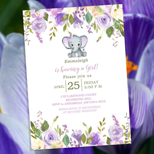 Cute Elephant Purple Spring Floral Baby Shower Invitation (Creator Uploaded)