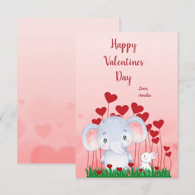 Cute Elephant Rabbit Friends Red Hearts Valentine  Card (Front/Back)