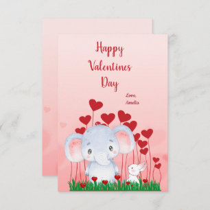 Cute Elephant Rabbit Friends Red Hearts Valentine  Card