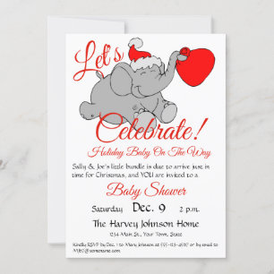 Cute Elephant, Red Santa Hat & Bundle Baby Shower Invitation