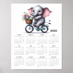 Cute Elephant Riding a Bicycle 2025 Wall Calendar Poster