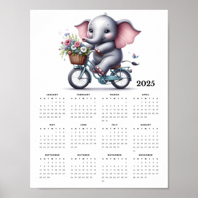 Cute Elephant Riding a Bicycle 2025 Wall Calendar Poster (Front)