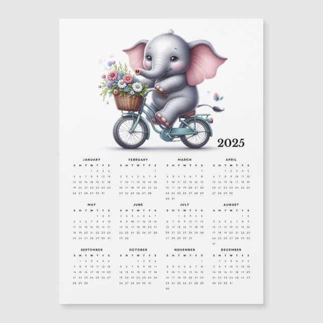 Cute Elephant Riding a Bicycle Magnet Calendar (Front)