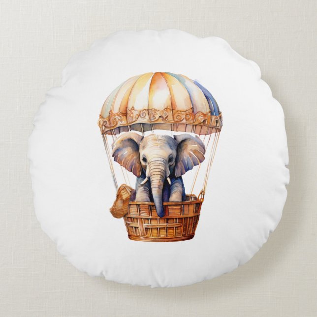 Cute Elephant Riding in a Hot Air Balloon Round Cushion (Front)