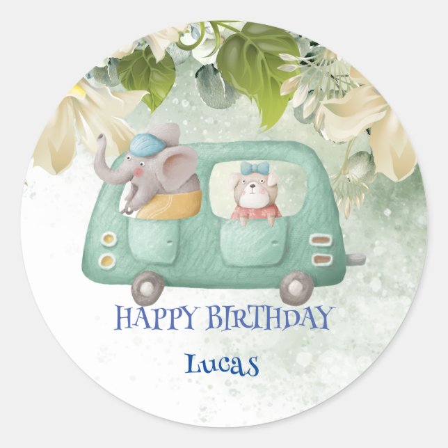 Cute Elephant Safari jungle Zoo Birthday party Classic Round Sticker (Front)