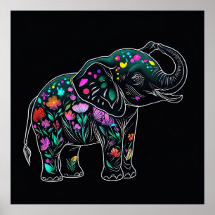 Cute Elephant Saluting with Colourful Flowers Line Poster