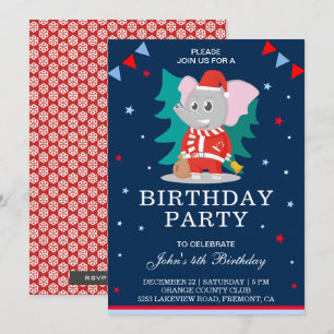 Cute Elephant Santa Claus Christmas Birthday Party Invitation