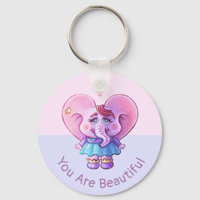 Cute Elephant Saying You Are Beautiful Key Ring (Front)