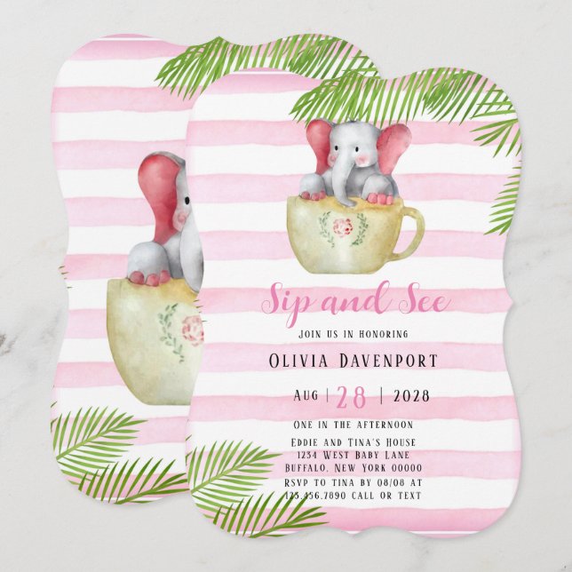 Cute Elephant Sip and See Girl Baby Shower Invitation (Front/Back)