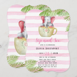 Cute Elephant Sip and See Girl Baby Shower Invitation