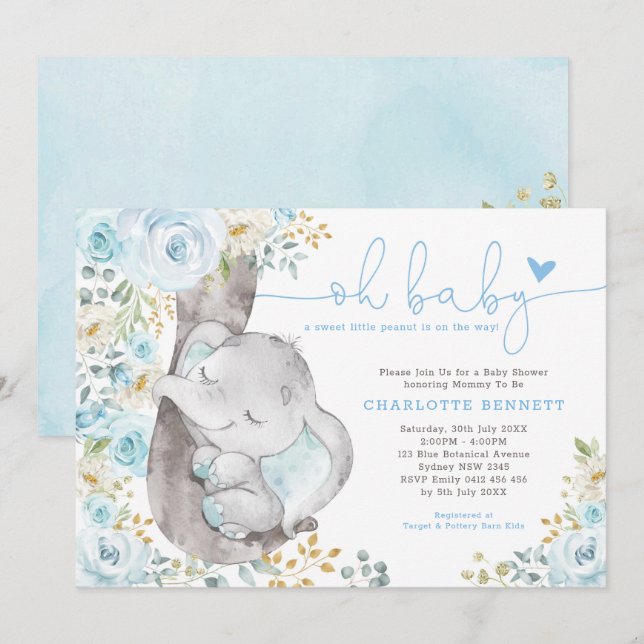 Cute Elephant Soft Blue Floral Boy Baby Shower Invitation (Front/Back)