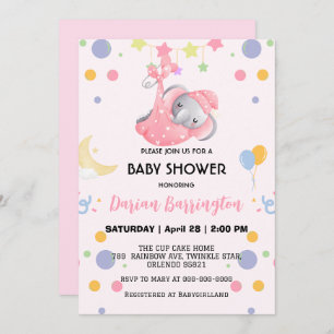 Cute elephant star balloon baby shower party kids invitation