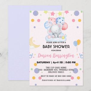 Cute elephant star balloon baby shower party kids invitation