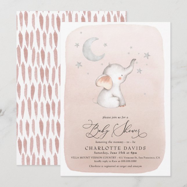 Cute Elephant Stars Moon Blush Girl Baby Shower Invitation (Front/Back)