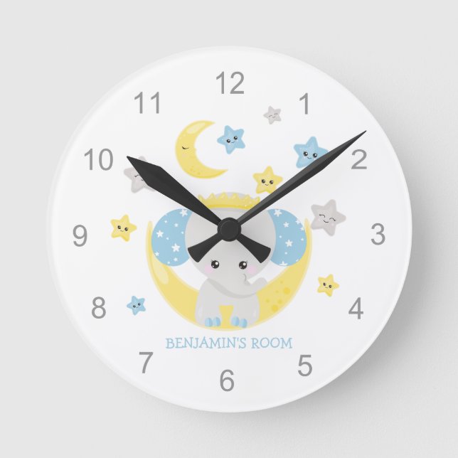 Cute Elephant Stars Name Baby Boy Nursery Round Clock (Front)