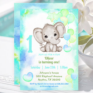 Cute Elephant Summer Colorful Boy 1stBirthday Invitation