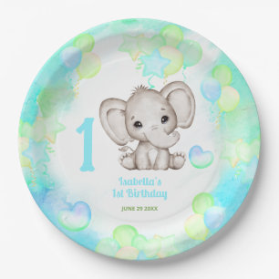 Cute Elephant Summer Colorful Boy 1stBirthday Paper Plate