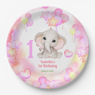 Cute Elephant Summer Colorful Girl 1stBirthday Paper Plate