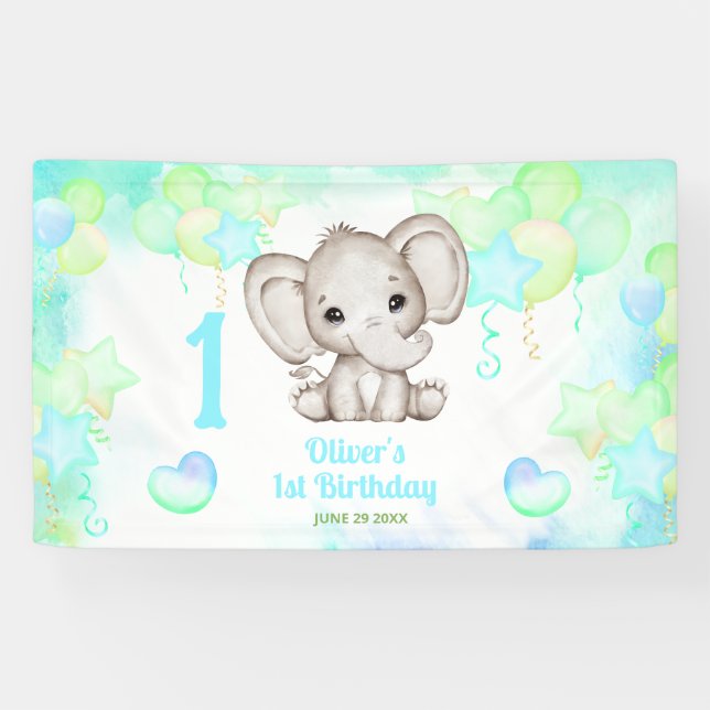 Cute Elephant Summer Colourful Boy 1st Birthday Banner (Horizontal)