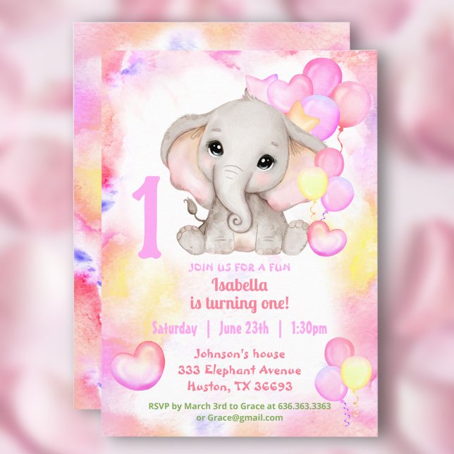 Cute Elephant Summer Colourful Girl 1stBirthday Invitation (Cute Elephant Summer Colorful Girl 1stBirthday Invitation)