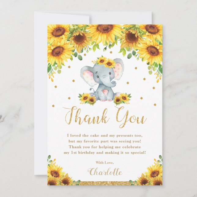 Cute Elephant Sunflower 1st Birthday Party Floral Thank You Card (Front)