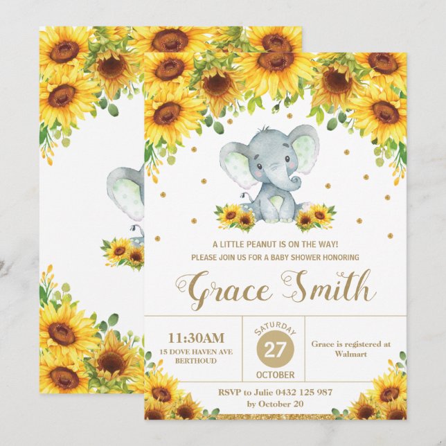 Cute Elephant Sunflower Floral Neutral Baby Shower Invitation (Front/Back)