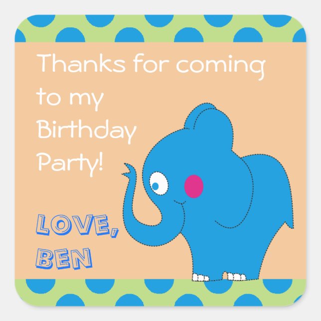 Cute Elephant Thank You Birthday Party Stickers (Front)