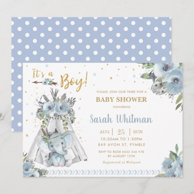 Cute Elephant Tribal Blue Gold Boy Baby Shower Invitation (Front/Back)